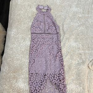 Lilac Bardot Lace cocktail dress.